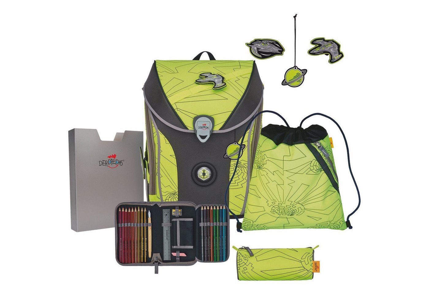 DerDieDas® Schulranzen Schulranzen Set 5-tlg. ErgoFlex MAX "Superflash" Neon Fighter 2023 von DerDieDas®