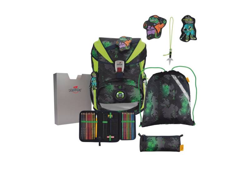 DerDieDas® Schulranzen Schulranzen-Set ErgoFlex Funny Fighter 6-tlg. (6-teilig), ergonomisch, 1-4 Klasse,höhenverstellbar, Grundschule von DerDieDas®