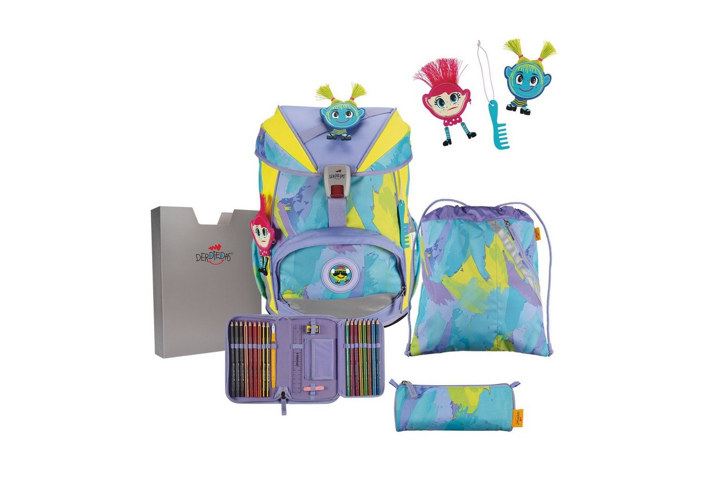 DerDieDas® Schulranzen Schulranzen-Set ErgoFlex Hippie Hair 6-tlg. (6-teilig), ergonomisch, 1-4 Klasse,höhenverstellbar, Grundschule von DerDieDas®