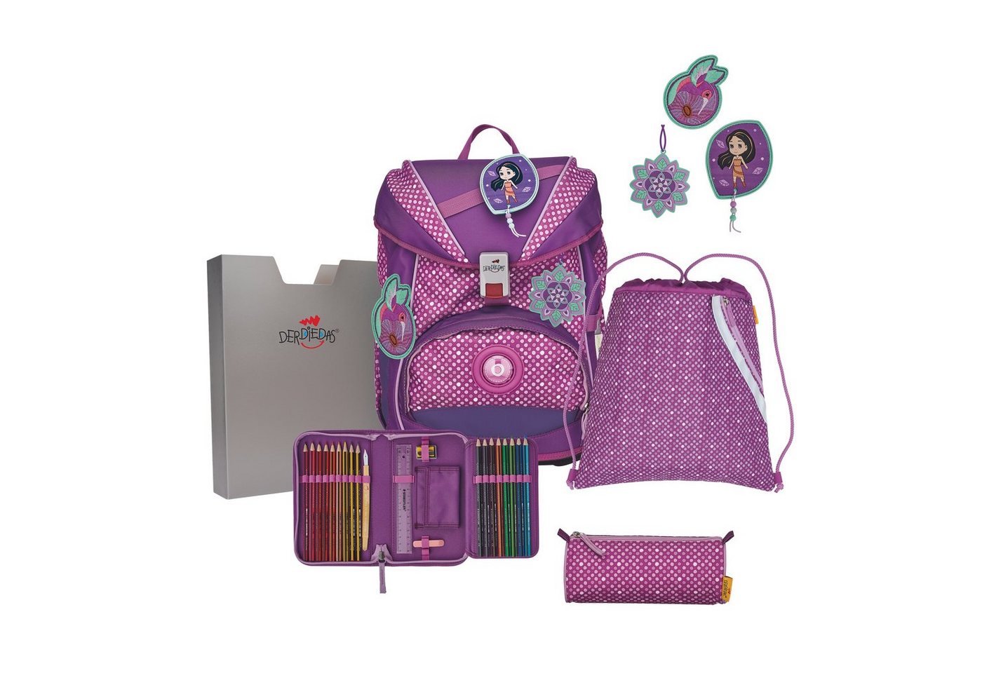 DerDieDas® Schulranzen Schulranzen-Set ErgoFlex Purple Dots 6-tlg. (6-teilig), ergonomisch, 1-4 Klasse,höhenverstellbar, Grundschule von DerDieDas®