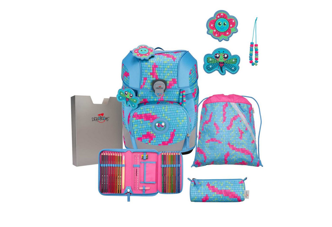 DerDieDas® Schulrucksack DerDieDas ErgoFlex Tiny Schulranzenset 5 teilig Happy Pixel von DerDieDas®