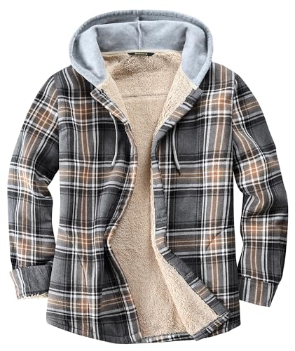 Derbars Damen Sherpa Gefüttert Flanell Hemdjacke Baumwolle Plaid Fleece Button Down Jacken mit Kapuze für Frauen, GRAU, M von Derbars