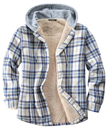 Derbars Damen Sherpa Gefüttert Flanell Hemdjacke Baumwolle Plaid Fleece Button Down Jacken mit Kapuze für Frauen, Hell, blau, XL von Derbars