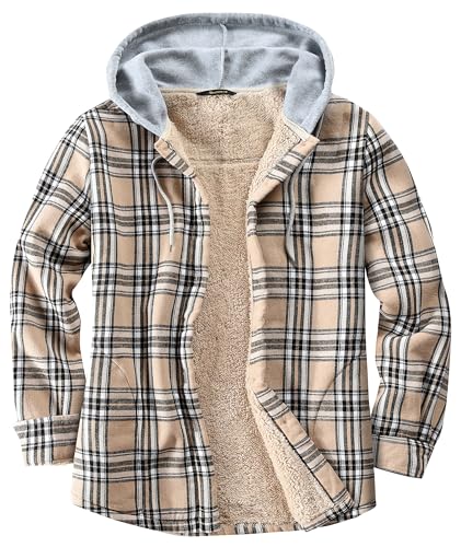 Derbars Damen Sherpa Gefüttert Flanell Hemdjacke Baumwolle Plaid Fleece Button Down Jacken mit Kapuze für Frauen, Khaki, M von Derbars