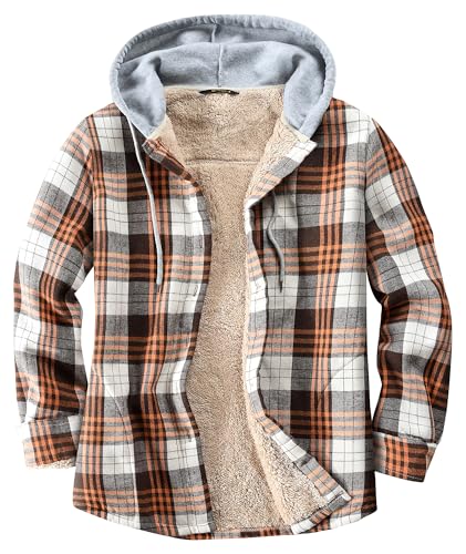 Derbars Damen Sherpa Gefüttert Flanell Hemdjacke Baumwolle Plaid Fleece Button Down Jacken mit Kapuze für Frauen, Orange/Abendrot im Zickzackmuster (Sunset Chevron), M von Derbars