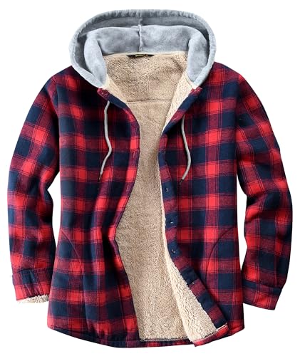Derbars Damen Sherpa Gefüttert Flanell Hemdjacke Baumwolle Plaid Fleece Button Down Jacken mit Kapuze für Frauen, Rot/Ausflug, einfarbig (Getaway Solids), Small von Derbars