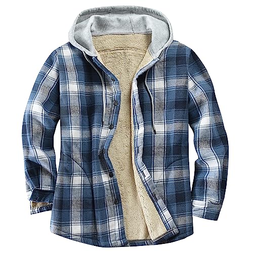 Derbars Herren Baumwolle Plaid Hemden Jacke Fleece gefüttert Flanellhemden Sherpa Button Down Jacken mit Kapuze für Männer, Blauer Block, Medium von Derbars