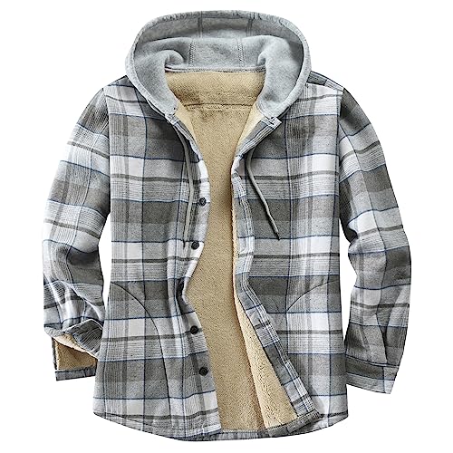 Derbars Herren Baumwolle Plaid Shirts Jacke Fleece Gefüttert Flanell Hemden Sherpa Button Down Jacken mit Kapuze für Männer, Graue Linie, 3X-Groß von Derbars