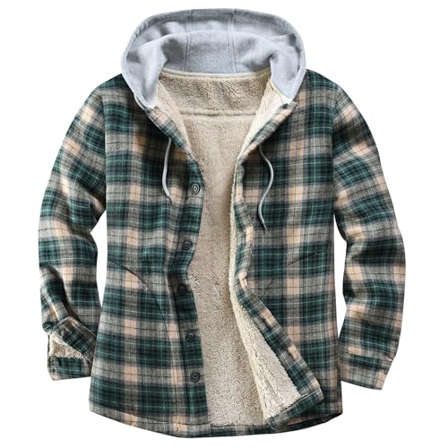 Derbars Herren Baumwolle Plaid Shirts Jacke Fleece Gefüttert Flanell Hemden Sherpa Button Down Jacken mit Kapuze für Männer, Grüner Block, Mittel von Derbars