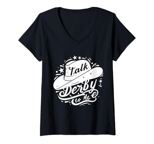 Damen Talk Derby to Me Cowboyhut T-Shirt mit V-Ausschnitt Damen Talk Derby to Me Cowboyhut T-Shirt mit V-Ausschnitt von Derby Day Designs