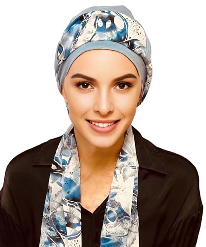 Deresina Headwear EmpowerWrap Chemo Kopfbedeckung für Frauen, Bambusmütze mit abnehmbarem Schal, Turban für Damen, Haarschutz bei Chemotherapie (Carolina Pattern 1) von Deresina Headwear