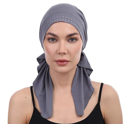 Deresina Headwear Vorgebundenes Bandana bei Haarausfall, Bambus Chemo Kopftuch für Damen, Elegant Kopftücher Turban, Kopfbedeckung Chemotherapie, Tichel Schädelkappe (Juwelenbesetzte Holzkohle) von Deresina Headwear