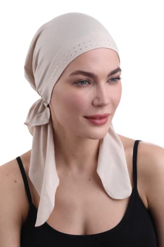 Deresina Headwear Vorgebundenes Bandana bei Haarausfall, Bambus Chemo Kopftuch für Damen, Elegant Kopftücher Turban, Kopfbedeckung Chemotherapie, Tichel Schädelkappe (Juwelenbesetzte Taupe) von Deresina Headwear