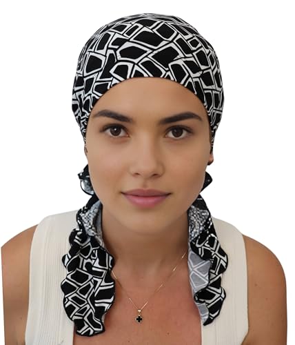 Deresina Headwear Vorgebundenes Bandana bei Haarausfall, Bambus Chemo Kopftuch für Damen, Elegant Kopftücher Turban, Kopfbedeckung Chemotherapie, Tichel Schädelkappe (Patterned Black Cream) von Deresina Headwear