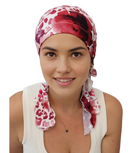 Deresina Headwear Vorgebundenes Bandana bei Haarausfall, Bambus Chemo Kopftuch für Damen, Elegant Kopftücher Turban, Kopfbedeckung Chemotherapie, Tichel Schädelkappe (Patterned Burgundy) von Deresina Headwear