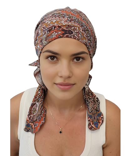 Deresina Headwear Vorgebundenes Bandana bei Haarausfall, Bambus Chemo Kopftuch für Damen, Elegant Kopftücher Turban, Kopfbedeckung Chemotherapie, Tichel Schädelkappe (Patterned Cinnemon Paisley) von Deresina Headwear