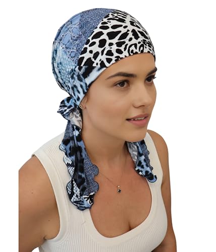 Deresina Headwear Vorgebundenes Bandana bei Haarausfall, Bambus Chemo Kopftuch für Damen, Elegant Kopftücher Turban, Kopfbedeckung Chemotherapie, Tichel Schädelkappe (Patterned Navy Animal Print) von Deresina Headwear