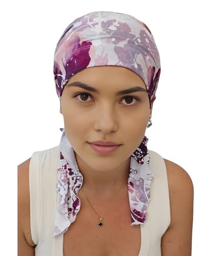 Deresina Headwear Vorgebundenes Bandana bei Haarausfall, Bambus Chemo Kopftuch für Damen, Elegant Kopftücher Turban, Kopfbedeckung Chemotherapie, Tichel Schädelkappe (Patterned Purple) von Deresina Headwear