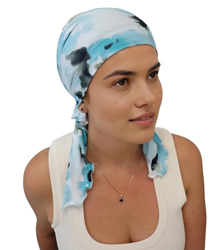 Deresina Headwear Vorgebundenes Bandana bei Haarausfall, Bambus Chemo Kopftuch für Damen, Elegant Kopftücher Turban, Kopfbedeckung Chemotherapie, Tichel Schädelkappe (Patterned Teal) von Deresina Headwear
