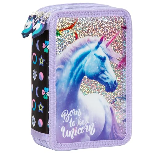 Derform Einhorn 3 - Fach Federmappe Federtasche mit 43 Teilen gefüllt Federmäppchen Unicorn von Derform