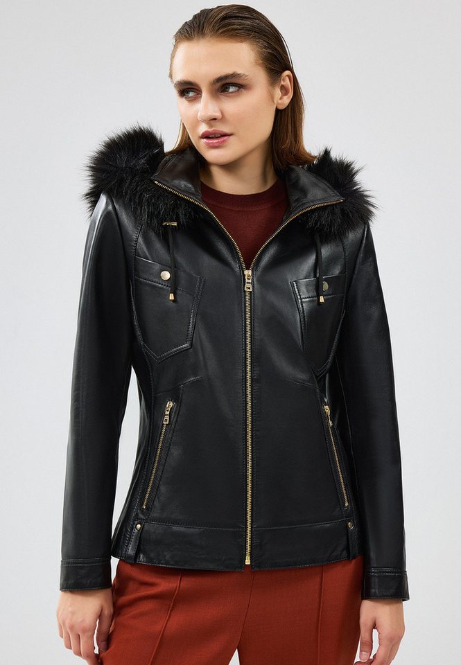 Derimod Lederjacke Meggy Lederjacke mit Kapuze und Fellbesatz von Derimod