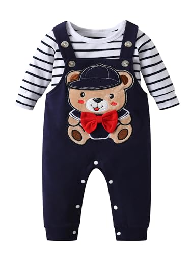 Derouetkia Baby Junge Kleidung Gestreifte Oberteile Tierdruck + Hosen Outfit Set, Blau, 0-3 Monate von Derouetkia