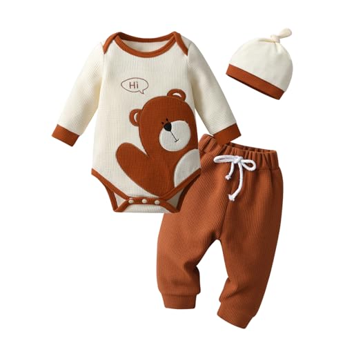 Derouetkia Baby Jungen Kleidung Bär Druck Langarm Oberteile + Hosen 3Pcs Outfit Set, Beige, 9-12 Monate von Derouetkia