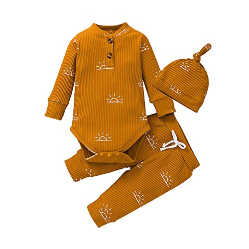 Derouetkia Baby Jungen Kleidung Neugeborene gerippte Langarm Strampler mit Sonnenmuster für Hosen und Hut Outfits Set, Gelb, 6-9 Monate von Derouetkia