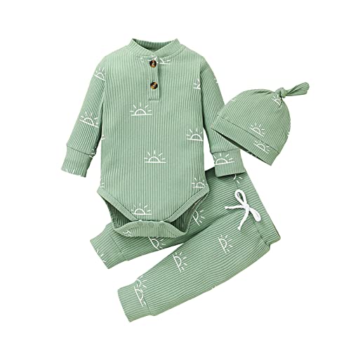 Derouetkia Baby Jungen Kleidung Neugeborene gerippte Langarm Strampler mit Sonnenmuster für Hosen und Hut Outfits Set, Grün, 0-3 Monate von Derouetkia