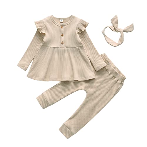 Derouetkia Baby Mädchen Kleidung Kleinkind Mädchen Rüschen Tops Langarm Hose mit Stirnband Outfit Set, Beige, 9-12 Monate von Derouetkia