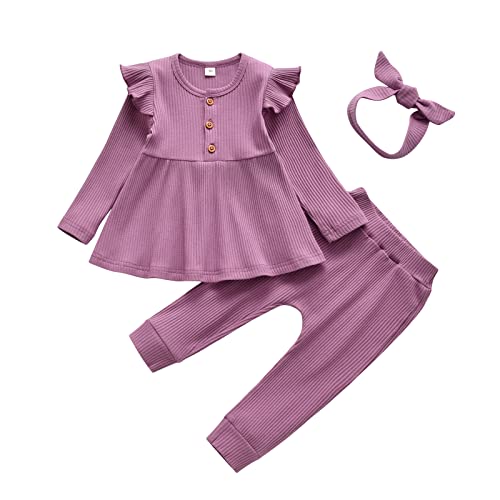 Derouetkia Baby Mädchen Kleidung Kleinkind Mädchen Rüschen Tops Langarm Hose mit Stirnband Outfit Set, lila, 18-24 Monate von Derouetkia