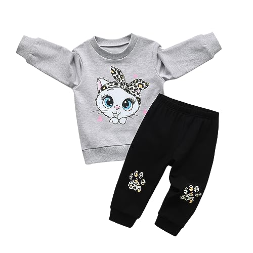Derouetkia Kleinkind Baby Mädchen Sweatshirt niedliche Katze Druck + Hosen für kleine Mädchen Outfit Set, Grau, 12-18 Monate von Derouetkia