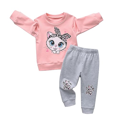 Derouetkia Kleinkind Baby Mädchen Sweatshirt niedliche Katze Druck + Hosen für kleine Mädchen Outfit Set, Rosa, 18-24 Monate von Derouetkia