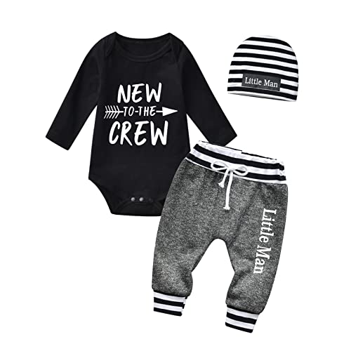 Derouetkia Neugeborenes Baby Junge Kleidung Brief drucken neu in die Crew Strampler + kleiner Mann Hosen + Hut 3Pcs Outfit, Schwarz, 0-3 Monate von Derouetkia