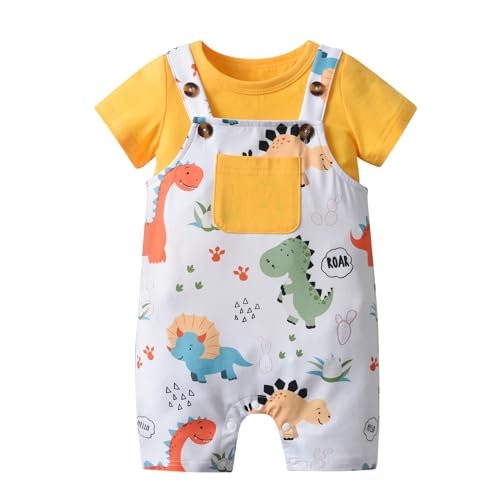 Derouetkia Säugling Baby Junge Kleidung Dinosaurier Print Sommer Shorts Ärmel Tops und Straps Shorts Outfit Set, Gelb, 3-6 Monate von Derouetkia
