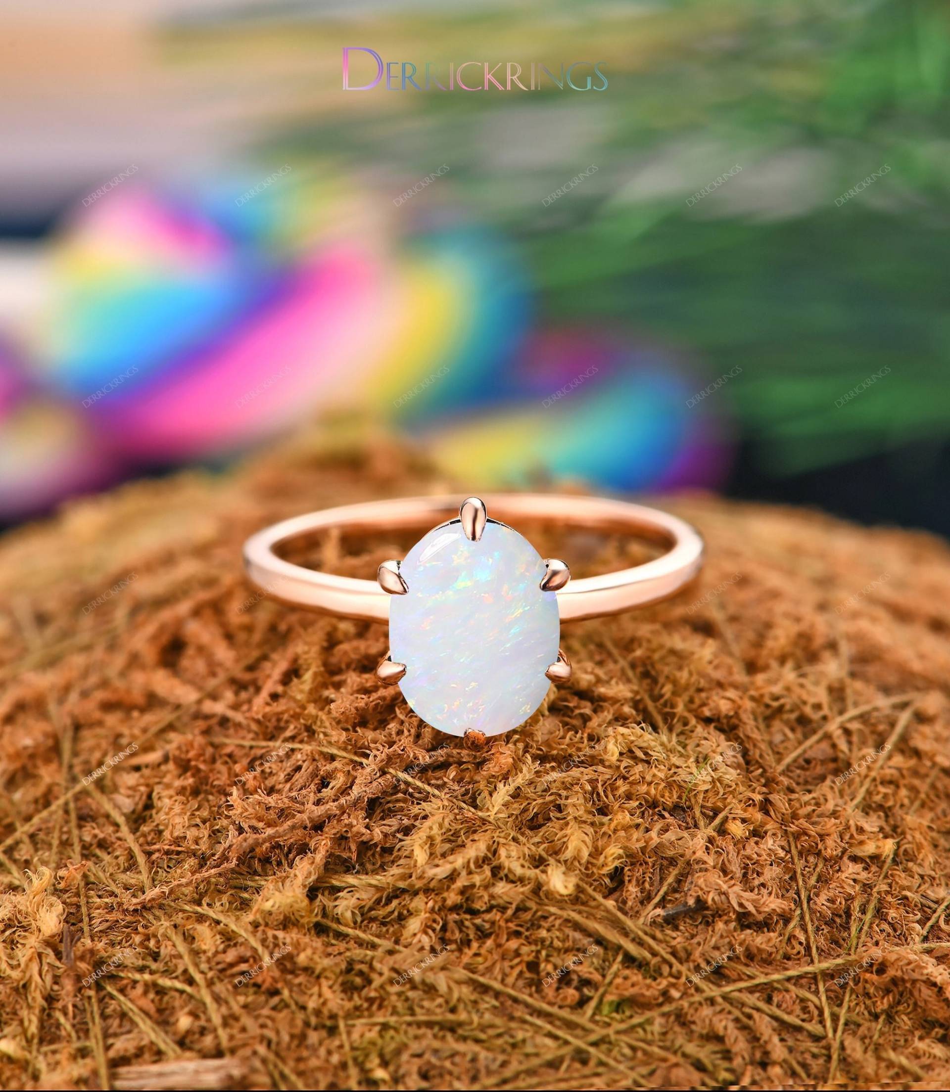 6 Zange Oval Solitär Ring, Edelstein Krallen Trauring, 6x8mm Natur Rosa-Weiß Opal Diamant Ringe von DerrickRings