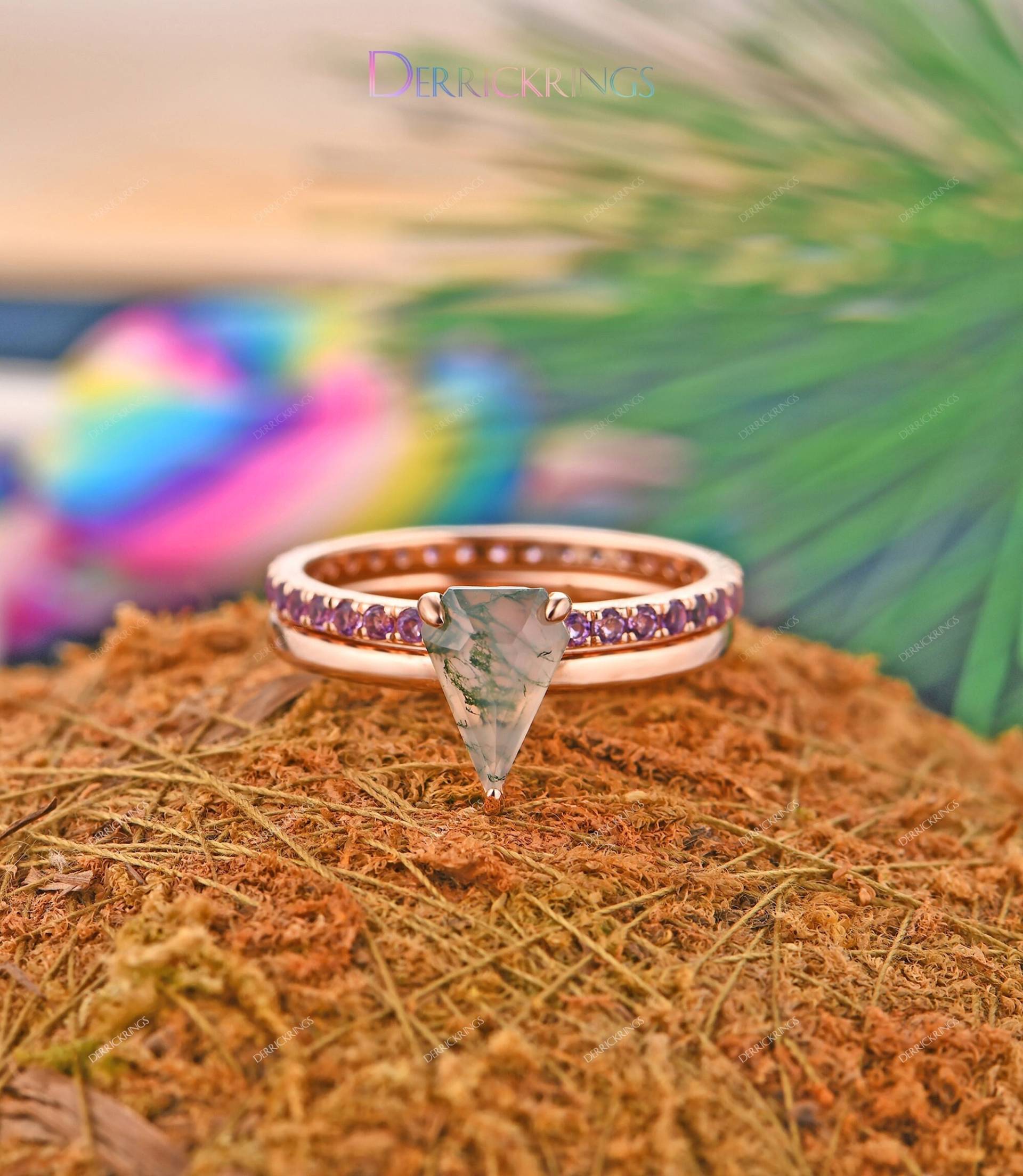 Achat Ring, Antike Hochzeit Kite-Form 6x9mm Natürlichen Moosachat Verlobungsring, Handgemachter Stapelring, Brautring Set von DerrickRings