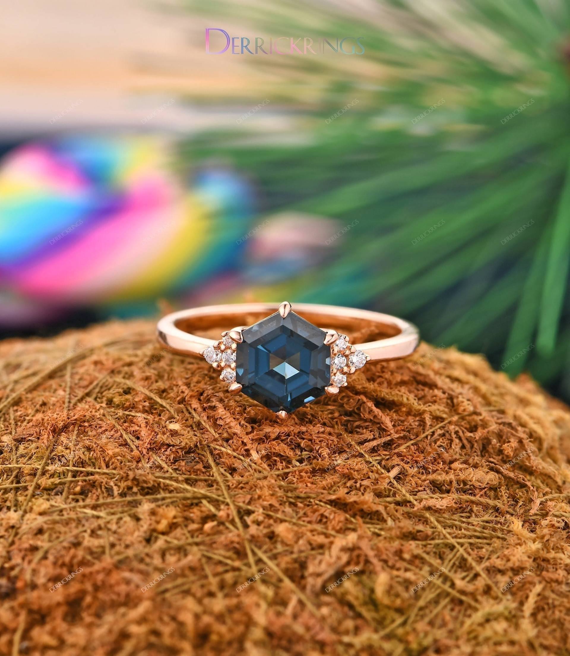 Art Deco Ring, Topas 7x7mm Hexagon Natur London Blau Verlobungsring, 14K Massiver Gold Handgemachter Antiker Ehering von DerrickRings