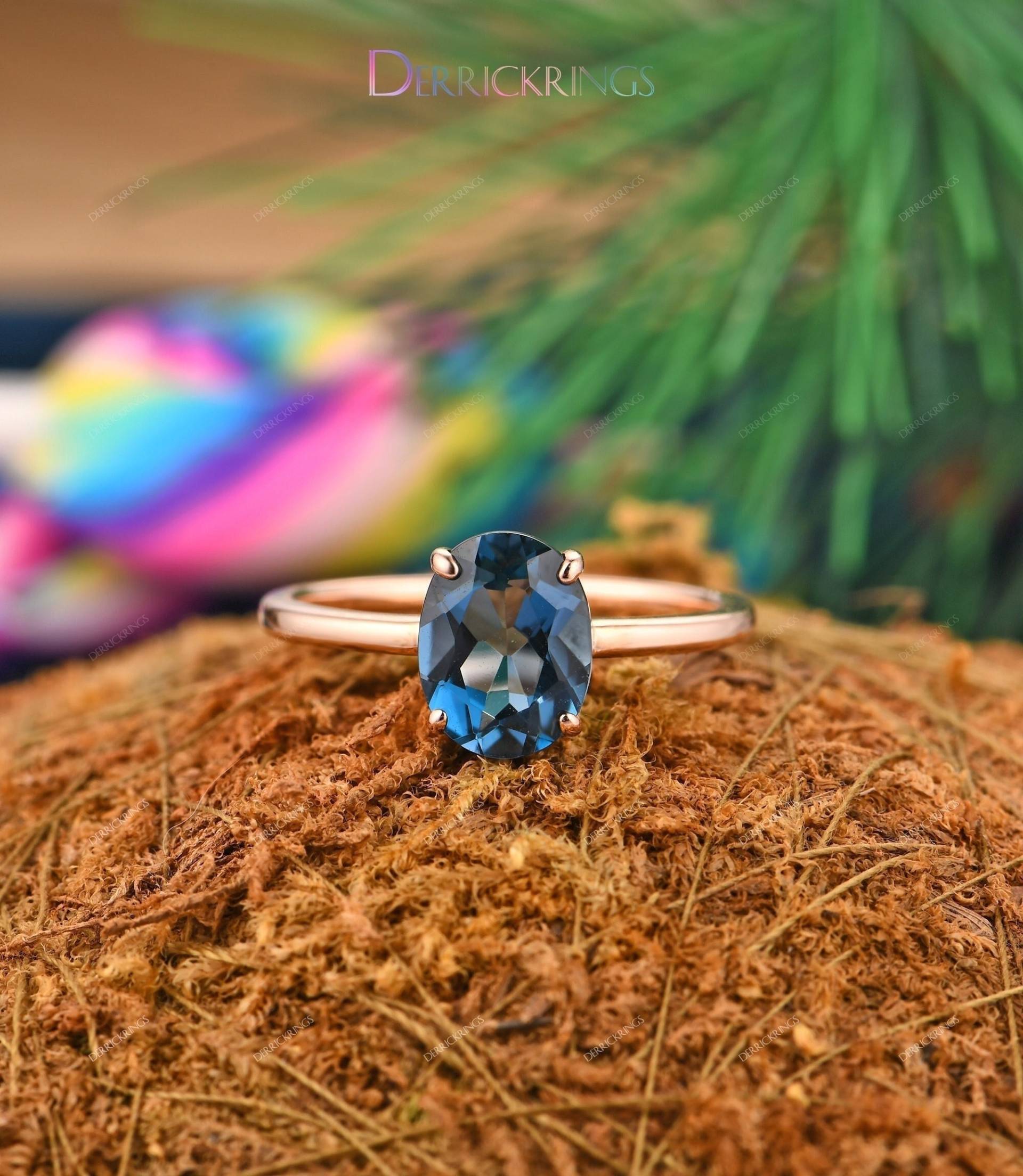 Blautopas Ehering, 2Ct Oval Cut Natural London Blue Topaz Ring, Verlobungsring, 14K Massive Gold Brautring, Custom Antik Ring von DerrickRings