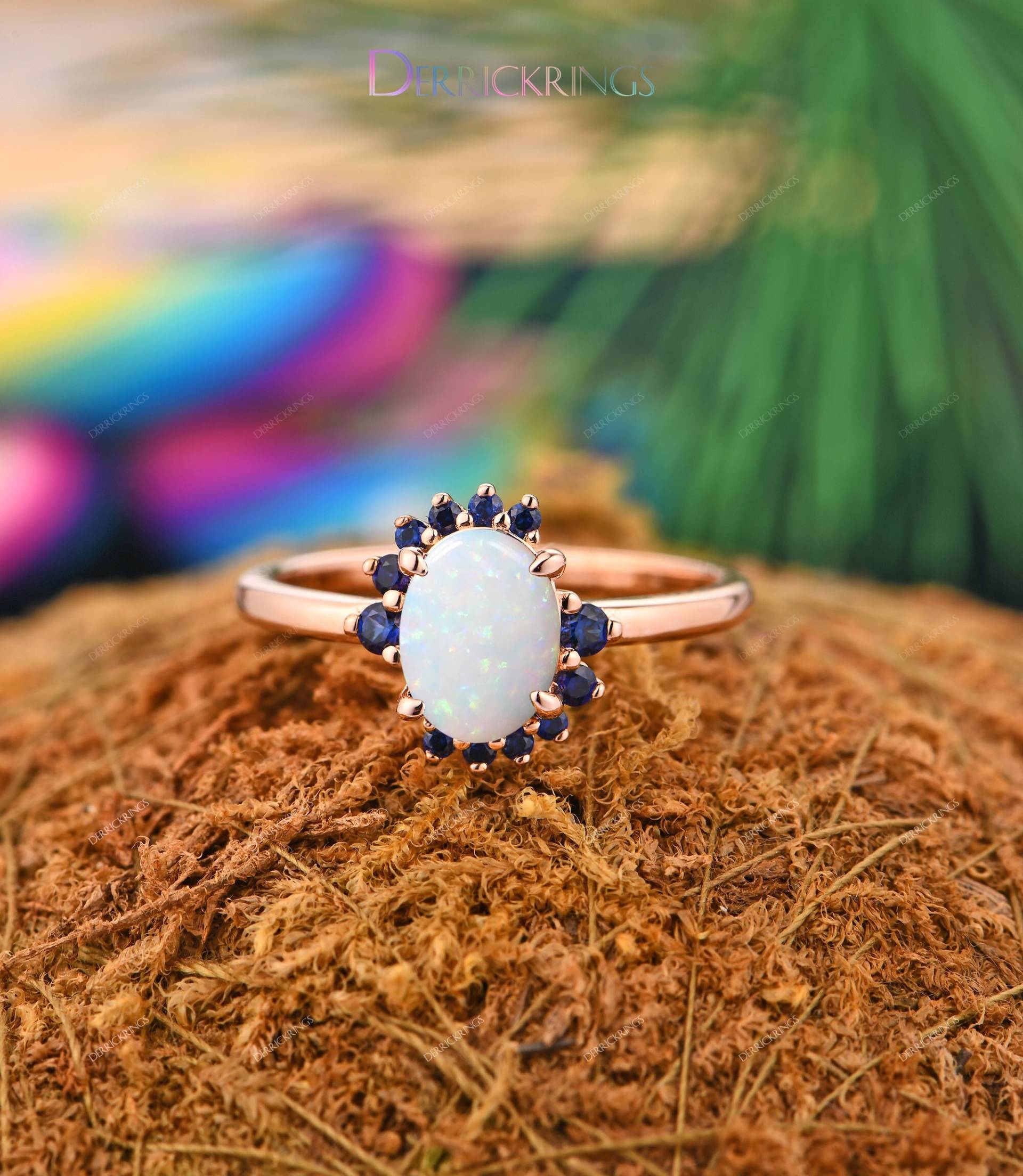 Designer Saphir Ring, 6x8mm Oval Cut Pink-Weiß Opal Natur Ringe, Low Profile Blaue Ringe Für Frauen von DerrickRings