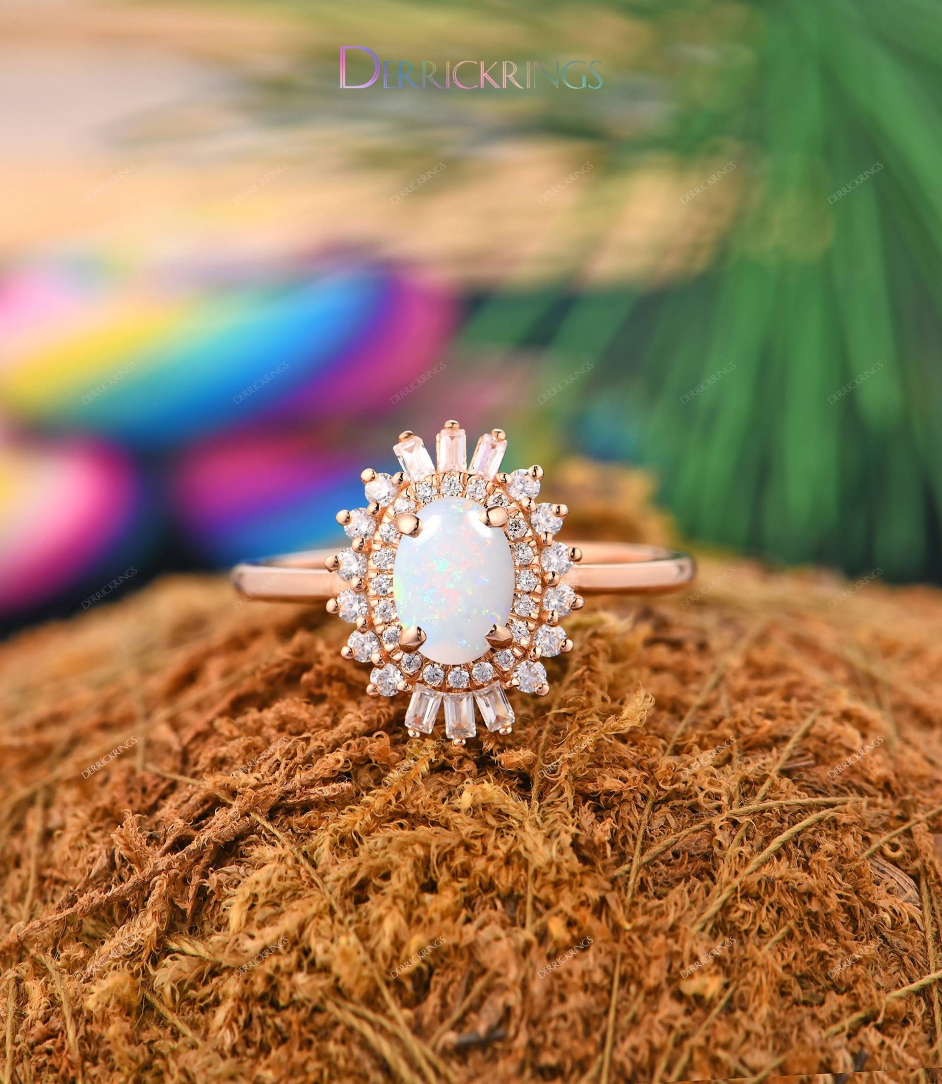 Halo Oval Cut Pink-Weiß Opal Ring, Statement Ringe, Low Profile Art Deco Form Verlobungsringe von DerrickRings