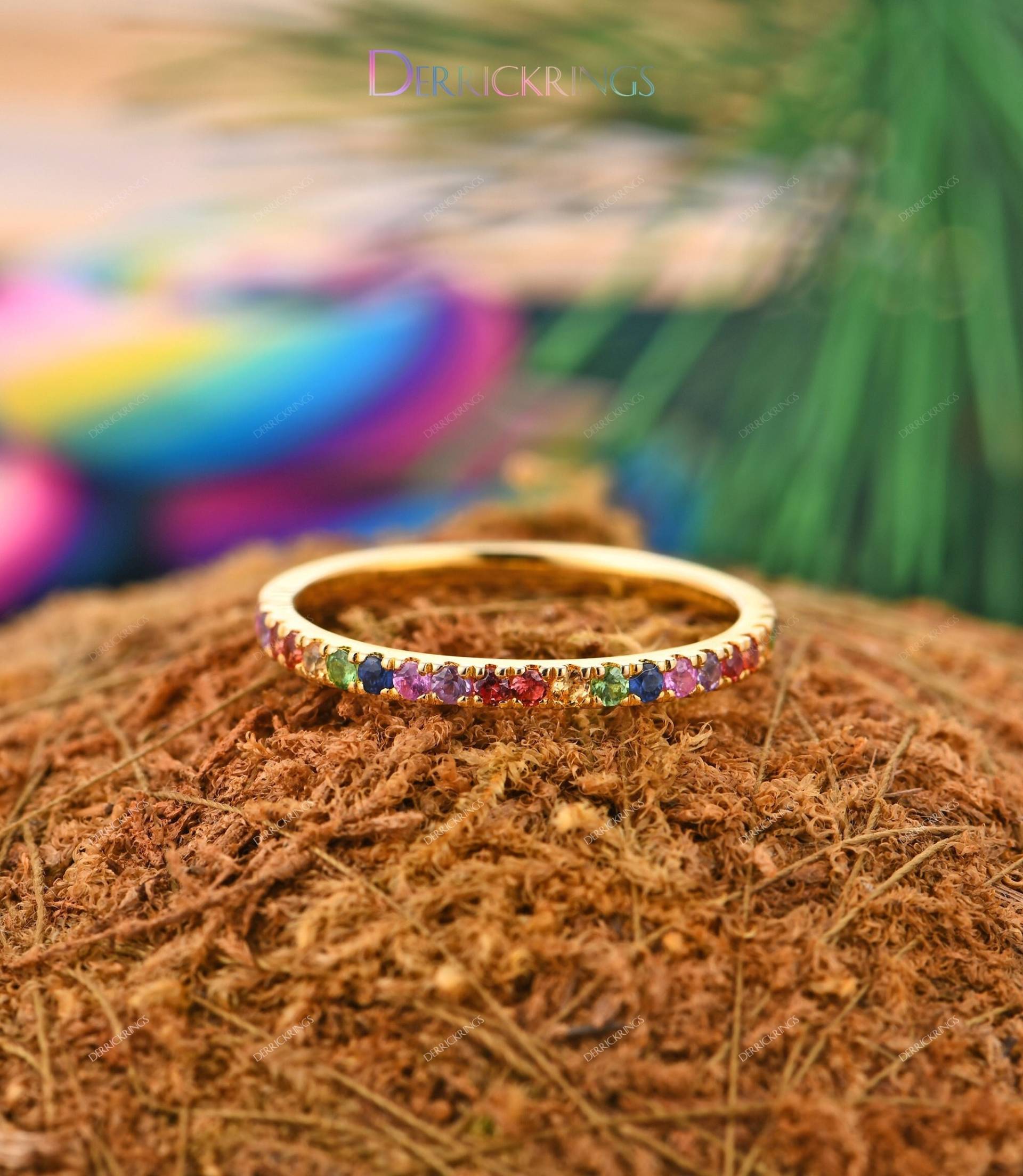 Handgefertigter Ring Für Frauen, Bunter Saphir Ring, Massiver 14K Gold Zierliche Versprechen Individuelles Design Hochzeitsband, Geburtstag Geschenk von DerrickRings