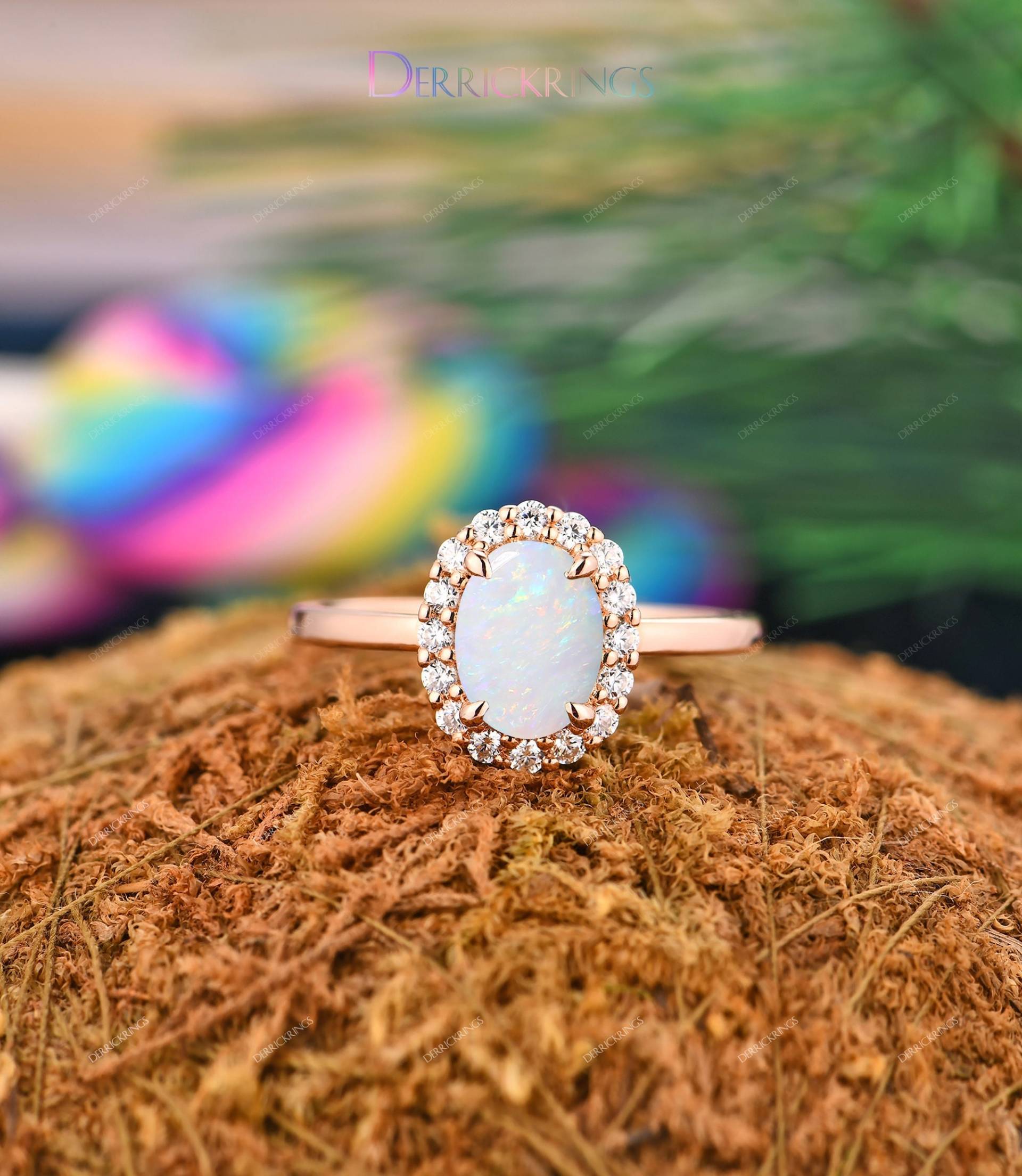 Low Profile Ringe, Halo 6x8mm Oval Cut Natural Pink-White Opal Eheringe, Natur Weiße Statement Ring, Jahrestag Ringe von DerrickRings