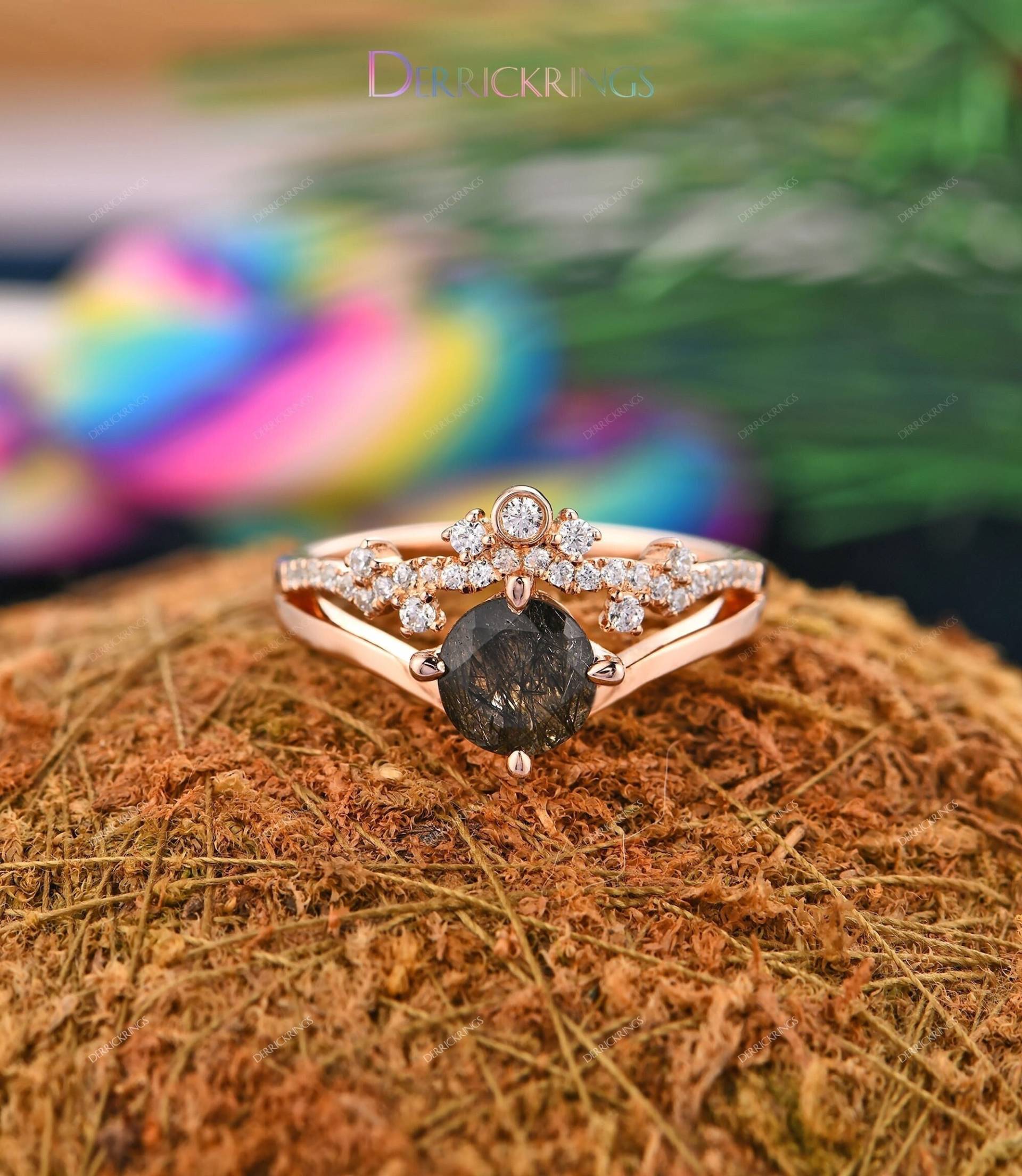 Vintage Brautring, 1.00Ct Rundschliff Natur Schwarz Rutilquarz Ring, Zarter Edelstein 14K Massive Gold Versprechen Custom Ring von DerrickRings