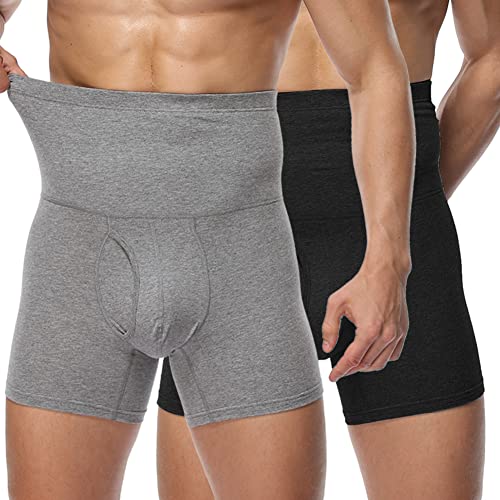 Derssity Boxershorts Herren 2er Pack Baumwolle Unterhosen Männer Hohe Taille Figurformende Unterhose Bauchweg Retroshorts Trunks(B/G,L) von Derssity