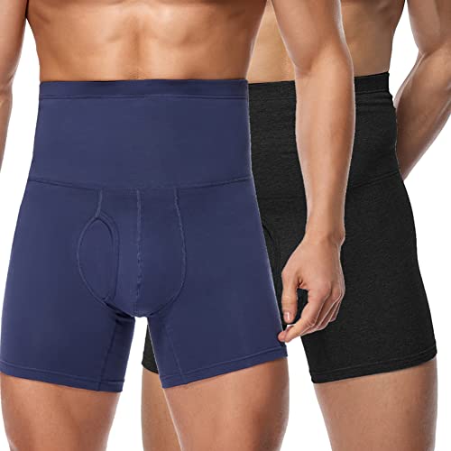 Derssity Boxershorts Herren 2er Pack Baumwolle Unterhosen Männer Hohe Taille Figurformende Unterhose Bauchweg Retroshorts Trunks(B/N,L) von Derssity