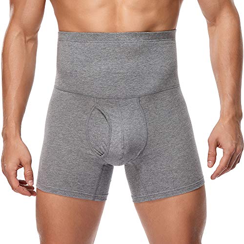 Boxershorts Herren Baumwolle Unterhosen Hohe Taille Figurformende Bauchweg Unterwäsche Retroshorts Männer Trunks(Grau,XL) von Derssity