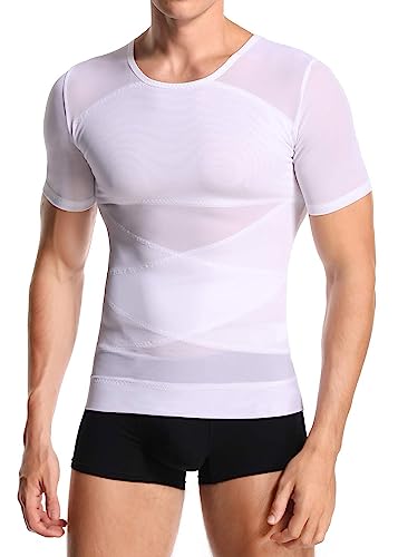 Herren Kompression Unterhemd Figurformende Shapewear Bauchweggürtel Fitness Workout Tank Tops Abnehmen Body Shaper Funktionsshirt(White #134,M) von Derssity