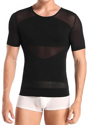 Herren Kompression Unterhemd Figurformende Shapewear Bauchweggürtel Fitness Workout Tank Tops Abnehmen Body Shaper Funktionsshirt (Black 134, XXL) von Derssity