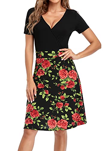 Sommerkleid Damen V Ausschnitt Midikleider im Wickel-Look Elegant Kurze Ärmel Wickelkleider Ausgestelltes Partykleid Business Kleider(B/BF,L) von Derssity